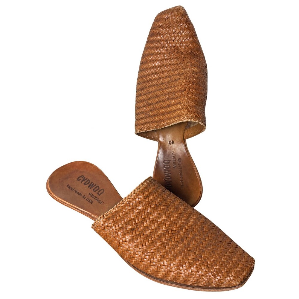 CYDWOQ Woven Leather Mules Women 40 Brown Cognac Boho Handmade USA Vintage